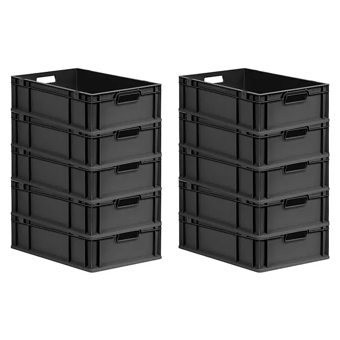 Proregal Euroboxen-Set 10x Eurobox NextGen Grip - L x B x H: 60 x 40 x 17 cm, Kunststoff, Schwarz, 10 Stk. - Ein Bild von zwei Stapeln grauer Aufbewahrungsboxen. Die Boxen sind leer und haben Griffe. Sie sind stabil und für die Aufbewahrung geeignet.