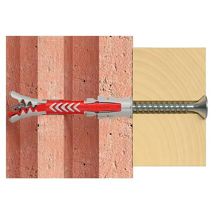 Fischer Taco universal DuoPower - Ø x L: 8 x 65 mm, Plástico, 4 ud. - Primer plano de un taco universal Fischer UX en mampostería y madera, mostrando versatilidad y sujeción fiable.