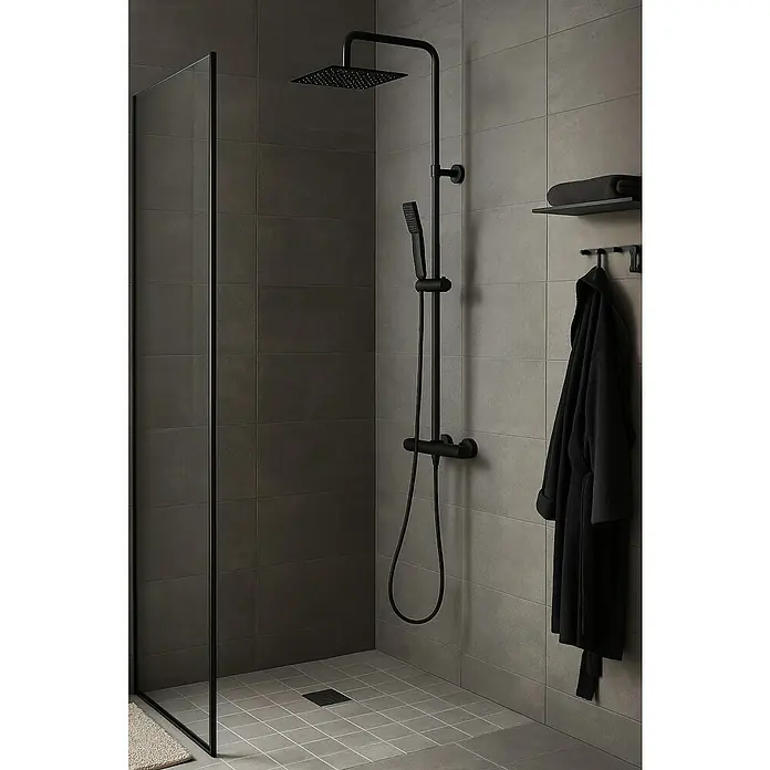 Sistema de ducha Wood - Con grifo termostático, Negro - Elegante conjunto de ducha en negro mate con rociador y teleducha. El accesorio moderno añade un toque de lujo y estilo a cualquier baño.