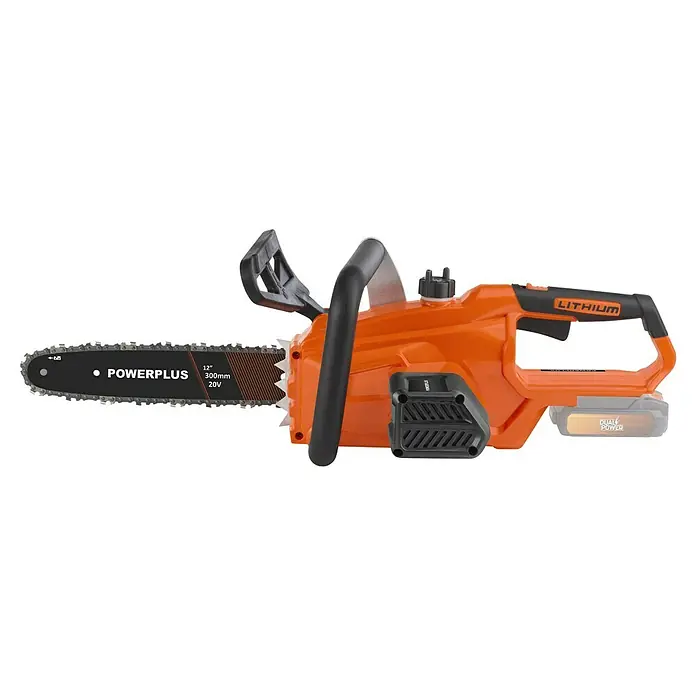 PowerPlus Motosierra de batería POWDPGCSS3 - 40 V, 2,5 Ah, Iones de litio, 1 batería, Longitud de la cuchilla: 30 cm - Primer plano de una motosierra inalámbrica naranja POWERPLUS con cadena negra, ideal para podar árboles y arbustos en el jardín.
