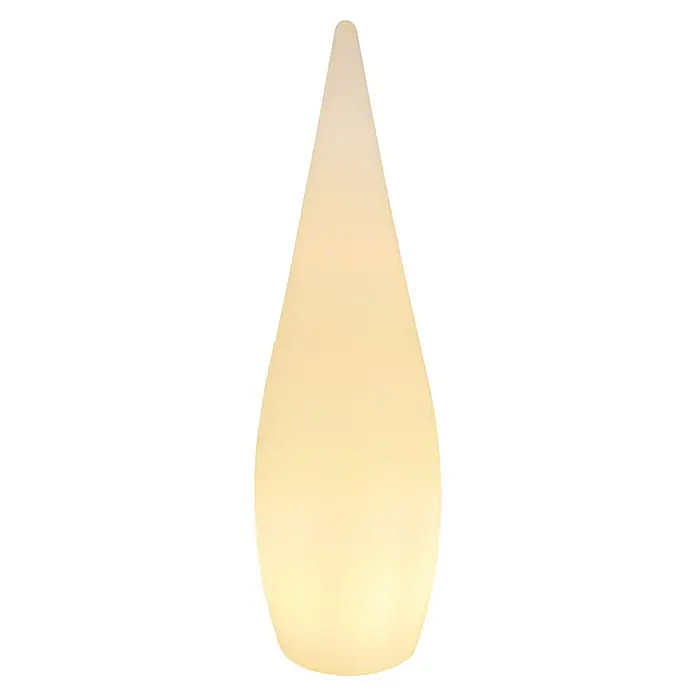 Globo Außenstehleuchte Vascon - Netzbetrieben, 10 W, Weiß, Mit Leuchtmittel, RGB, Ø x H: 36 x 120 cm - Nahaufnahme einer modernen, tropfenförmigen Lampe. Das weiche, gelbliche Licht der Lampe schafft eine warme und einladende Atmosphäre im Raum.