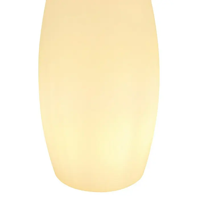 Globo Lámpara de pie para exterior Vascon - Funcionamiento en red, 10 W, Blanco, Con bombillas, RGB, Ø x Al: 36 x 120 cm - Primer plano de una lámpara ovalada suavemente iluminada con sutiles degradaciones de color, que emana un brillo cálido y acogedor.