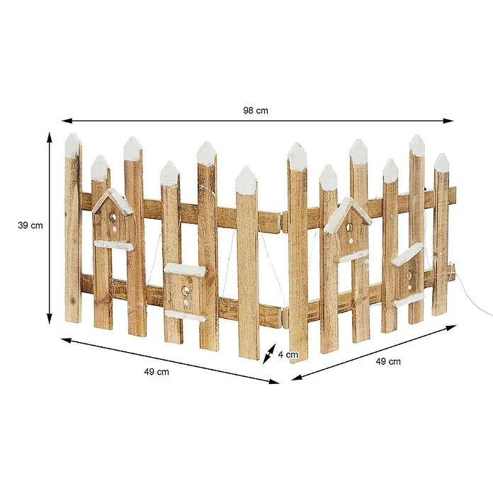 ECD Germany LED-Weihnachtsdekofigur Deko Holz Zaun Mini Gartenzaun Mini-Lattenzaun - 98 x 4 x 39 cm, Braun, Netzbetrieben, LED - Holzzaun mit Maßen. Der Zaun ist mit kleinen Vogelhäusern verziert und wirkt rustikal. Perfekt für die Gartendekoration.
