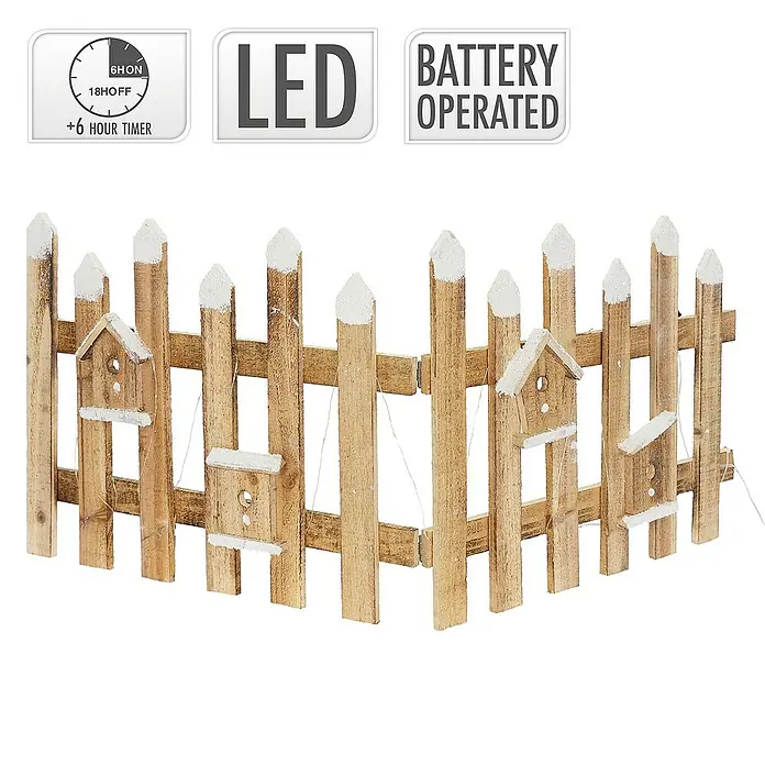 ECD Germany LED-Weihnachtsdekofigur Deko Holz Zaun Mini Gartenzaun Mini-Lattenzaun - 98 x 4 x 39 cm, Braun, Netzbetrieben, LED - Ein dekorativer, batteriebetriebener LED-Holzzaun mit Vogelhäuschen und Timer-Funktion, ideal für Garten und Terrasse.