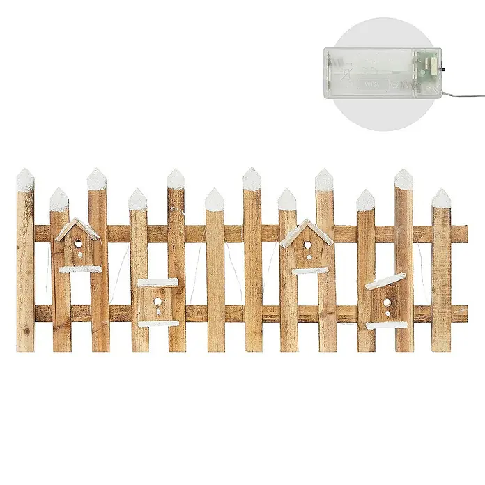 ECD Germany LED-Weihnachtsdekofigur Deko Holz Zaun Mini Gartenzaun Mini-Lattenzaun - 98 x 4 x 39 cm, Braun, Netzbetrieben, LED - Dekorativer Holzzaun mit Vogelhäusern und Lichtern.
