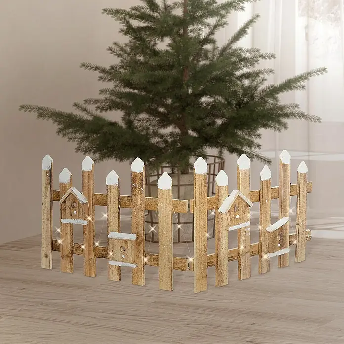 ECD Germany LED-Weihnachtsdekofigur Deko Holz Zaun Mini Gartenzaun Mini-Lattenzaun - 98 x 4 x 39 cm, Braun, Netzbetrieben, LED - Dekorative Baumumrandung aus Holz mit Vogelhäuschen und Lichtern. Schützt den Baumfuß und sorgt für festliche Stimmung.