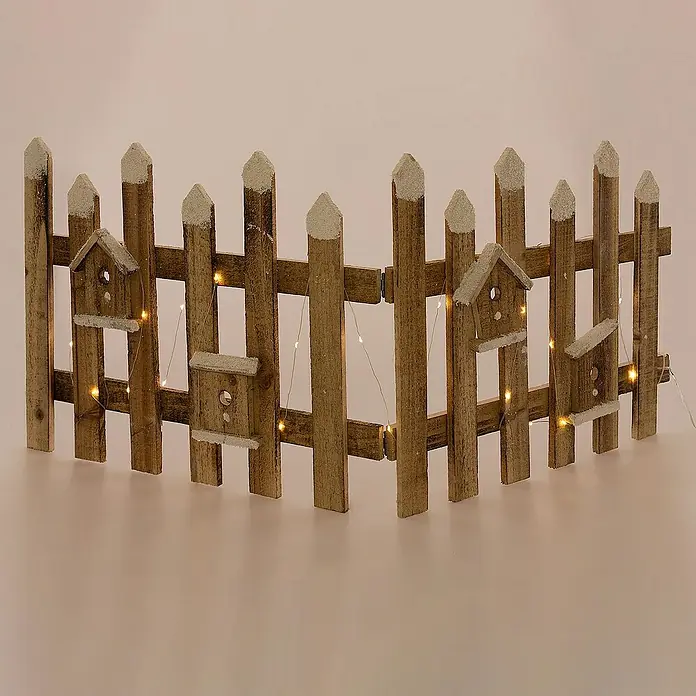 ECD Germany LED-Weihnachtsdekofigur Deko Holz Zaun Mini Gartenzaun Mini-Lattenzaun - 98 x 4 x 39 cm, Braun, Netzbetrieben, LED - Dekorative Holzgartenzaun-Szene mit Vogelhäusern und warmweißen Lichtern, ideal für festliche Arrangements.