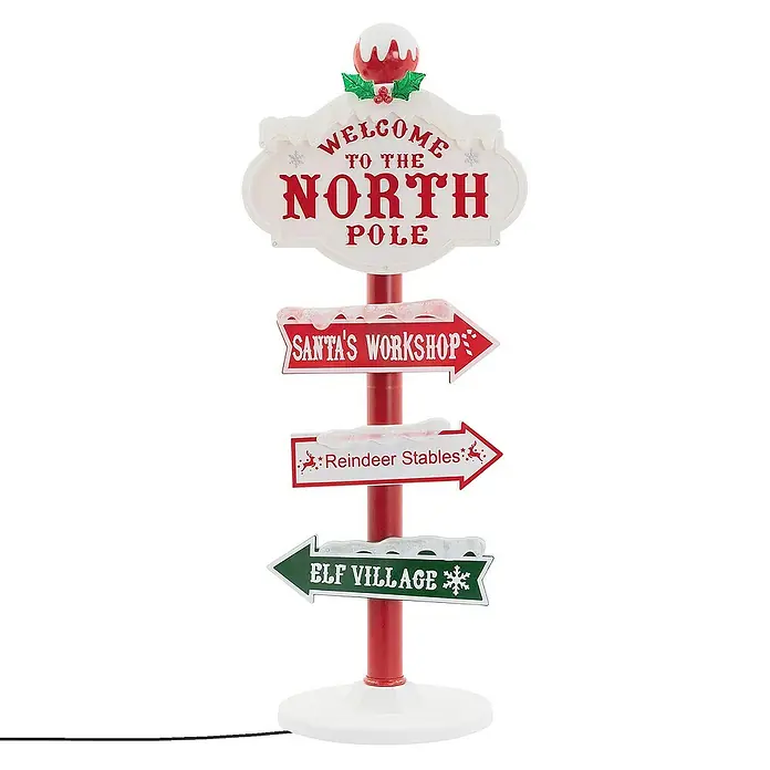 ECD Germany LED-Weihnachtsdekofigur LED Wegweiser Weihnachtsbeleuchtung Nordpol Schild Deko - 29,5 x 29,5 x 95 cm, Weiß, Rot, Grün, Netzbetrieben, LED - Weihnachtliche Nordpol-Wegweiser-Dekoration mit Schildern zu Santa's Workshop, Reindeer Stables und Elf Village.