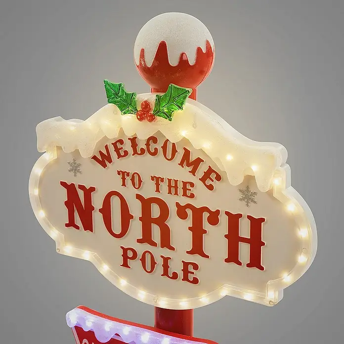 ECD Germany LED-Weihnachtsdekofigur LED Wegweiser Weihnachtsbeleuchtung Nordpol Schild Deko - 29,5 x 29,5 x 95 cm, Weiß, Rot, Grün, Netzbetrieben, LED - Dekoratives "Willkommen am Nordpol"-Schild mit Lichtern, ideal für festliche Weihnachtsdekorationen im Innen- und Außenbereich.