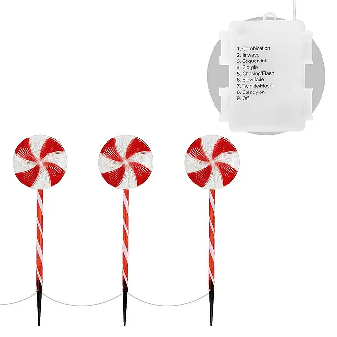 ECD Germany LED-Weihnachtsdekofigur Lollipop-Weihnachtsweg Weihnachten Lutscher Lichterkette Gartenleuchte - 300 x 18 x 62 cm, Rot, Weiß, Akkubetrieben, LED - Drei dekorative Zuckerstangen-Leuchten für den Außenbereich mit verschiedenen Beleuchtungsmodi für festliche Stimmung.