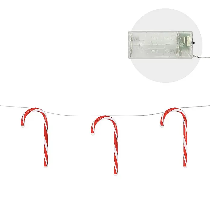 ECD Germany LED-Weihnachtsdekofigur LED Lichterkette Weihnachten Deko Beleuchtung Zuckerstäbe Candy Cane - 330 x 2 x 20 cm, Rot, Weiß, Akkubetrieben, LED - Foto von einer Lichterkette mit Zuckerstangen und Batteriefach, ideal für festliche Dekorationen.