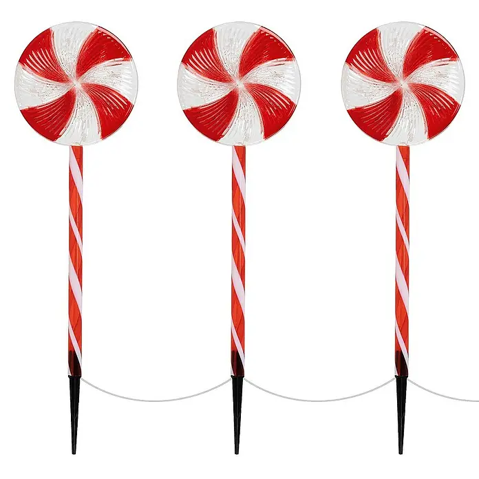 ECD Germany LED-Weihnachtsdekofigur Lollipop-Weihnachtsweg Weihnachten Lutscher Lichterkette Gartenleuchte - 300 x 18 x 62 cm, Rot, Weiß, Akkubetrieben, LED - Drei spiralförmige Zuckerstangen-Leuchten mit rot-weißen Streifen, ideal für weihnachtliche Dekorationen im Garten.