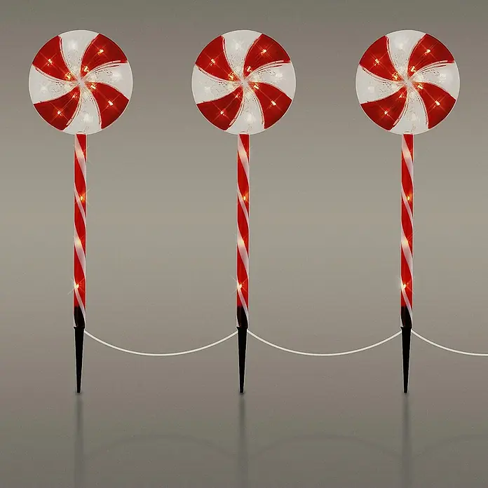 ECD Germany LED-Weihnachtsdekofigur Lollipop-Weihnachtsweg Weihnachten Lutscher Lichterkette Gartenleuchte - 300 x 18 x 62 cm, Rot, Weiß, Akkubetrieben, LED - Drei leuchtende Zuckerstangen-Gartenstecker, rot-weiß gestreift, für eine festliche Dekoration im Außenbereich.