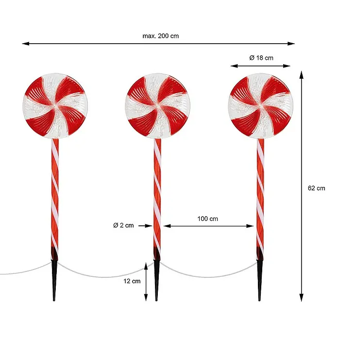 ECD Germany LED-Weihnachtsdekofigur Lollipop-Weihnachtsweg Weihnachten Lutscher Lichterkette Gartenleuchte - 300 x 18 x 62 cm, Rot, Weiß, Akkubetrieben, LED - Abbildung von drei rot-weiß gestreiften Lutscher-Gartensteckern mit Maßangaben zu Höhe, Durchmesser und Abständen.