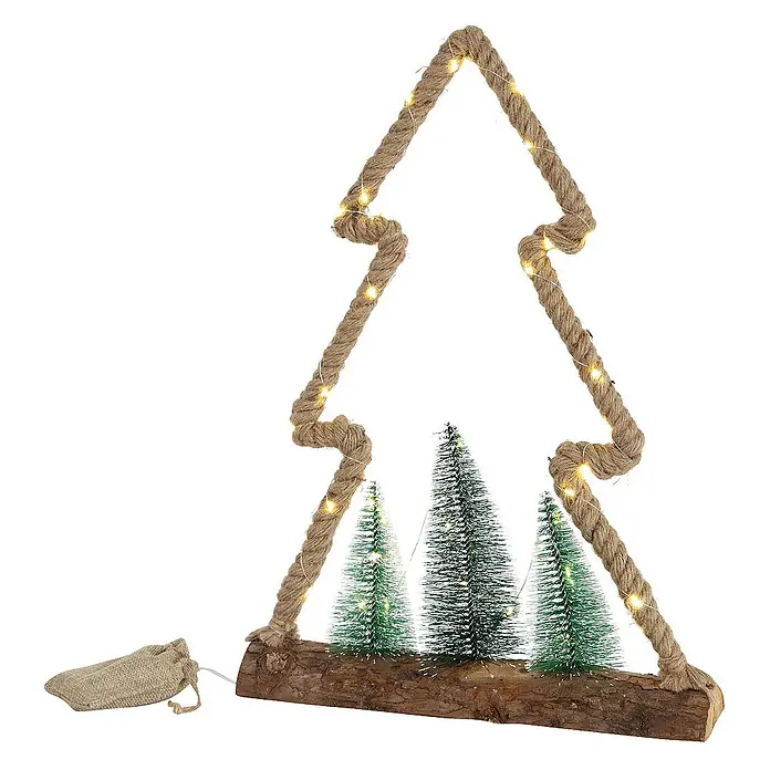 ECD Germany LED-Weihnachtsdekofigur Dekobaum beleuchtete Winterlandschaft Tannenbaum Deko Holzbaum - 35 x 6,5 x 45 cm, Braun, Grün, Akkubetrieben, LED - Dekorative Weihnachtsbaum-Leuchte mit Seilrahmen und warmen Lichtern, die eine festliche Atmosphäre schafft.