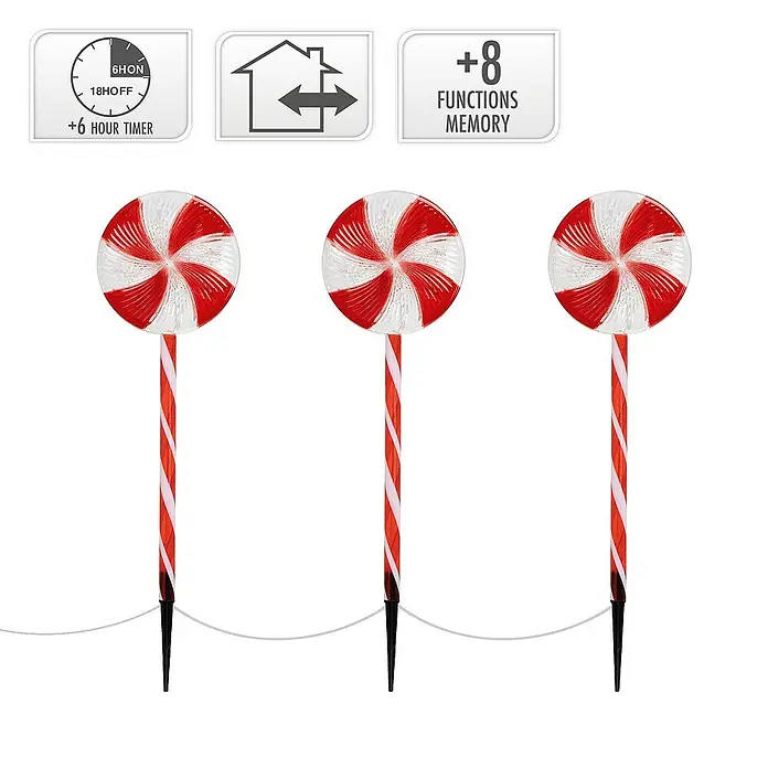 ECD Germany LED-Weihnachtsdekofigur Lollipop-Weihnachtsweg Weihnachten Lutscher Lichterkette Gartenleuchte - 300 x 18 x 62 cm, Rot, Weiß, Akkubetrieben, LED - Drei rot-weiß gestreifte Zuckerstangen-Leuchten für den Außenbereich mit Timerfunktion und 8 verschiedenen Beleuchtungsmodi.