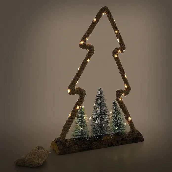 ECD Germany LED-Weihnachtsdekofigur Dekobaum beleuchtete Winterlandschaft Tannenbaum Deko Holzbaum - 35 x 6,5 x 45 cm, Braun, Grün, Akkubetrieben, LED - Stimmungsvolle Weihnachtsdekoration: Eine Seil-Tannenbaum Silhouette mit Lichtern und Mini-Tannenbäumen auf einem Holzsockel.