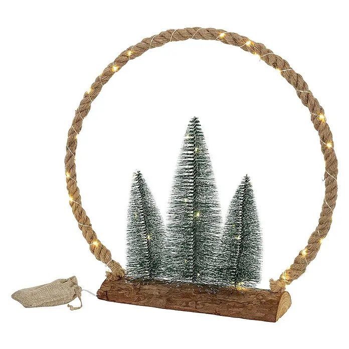 ECD Germany LED-Weihnachtsdekofigur Dekobaum beleuchtete Winterlandschaft Tannenbaum Deko Holzbaum - 45 x 9,5 x 45 cm, Braun, Grün, Netzbetrieben, LED - Dekorative Weihnachtsbaum-Szene mit Lichtern, die in einem Seilkreis angeordnet sind, für eine festliche Atmosphäre.