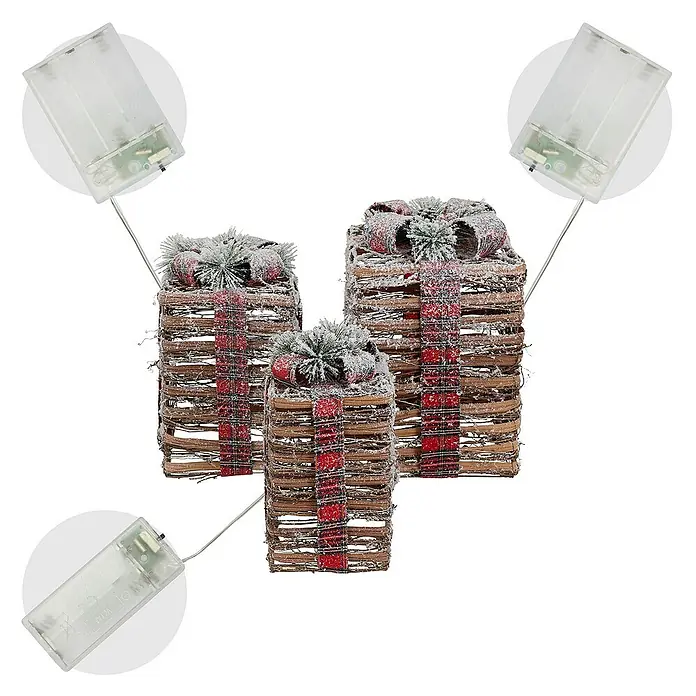 ECD Germany LED-Weihnachtsdekofigur LED Dekolicht Geschenkboxen Weihnacht Dekoobjekt - 25,5 x 25,5 x 42 cm, Braun, Rot, Grün, Akkubetrieben, LED - Dreier-Set dekorativer, leuchtender Weihnachtsgeschenke mit roter Schleife und Schneeeffekt, die eine festliche Atmosphäre verbreiten.