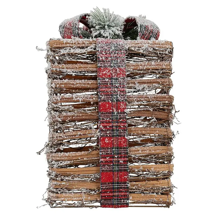 ECD Germany LED-Weihnachtsdekofigur LED Dekolicht Geschenkboxen Weihnacht Dekoobjekt - 25,5 x 25,5 x 42 cm, Braun, Rot, Grün, Akkubetrieben, LED - Dekoratives Geschenk aus Zweigen mit rot-karierter Schleife, mit Kunstschnee bedeckt, für festliche Atmosphäre.