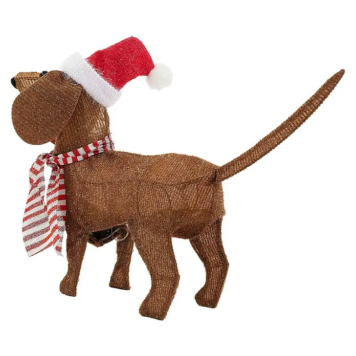 ECD Germany LED-Weihnachtsdekofigur LED Weihnachten Hund Dackel Gartenfigur Hundefigur Batteriebetriebene - 12 x 60 x 43 cm, Braun, Akkubetrieben, LED - Festlicher Dackel mit Weihnachtsmannmütze und rot-weiß gestreiftem Schal, eine charmante Weihnachtsdekoration.