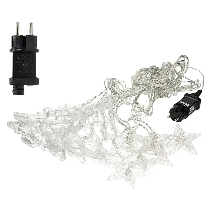 ECD Germany LED-Weihnachtsdekofigur LED Fenster Lichtervorhang Weihnachtsbäume und Sterne - 420 x 4 x 110 cm, Transparent, Netzbetrieben, LED - Festliche LED-Lichterkette in Sternform mit transparenten Sternen und zugehörigem Stecker für eine stimmungsvolle Beleuchtung.