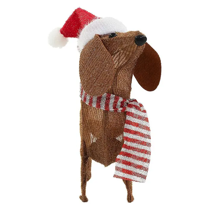 ECD Germany LED-Weihnachtsdekofigur LED Weihnachten Hund Dackel Gartenfigur Hundefigur Batteriebetriebene - 12 x 60 x 43 cm, Braun, Akkubetrieben, LED - Festlicher Dackel mit Weihnachtsmütze und gestreiftem Schal. Eine charmante Weihnachtsdekoration für Ihr Zuhause.