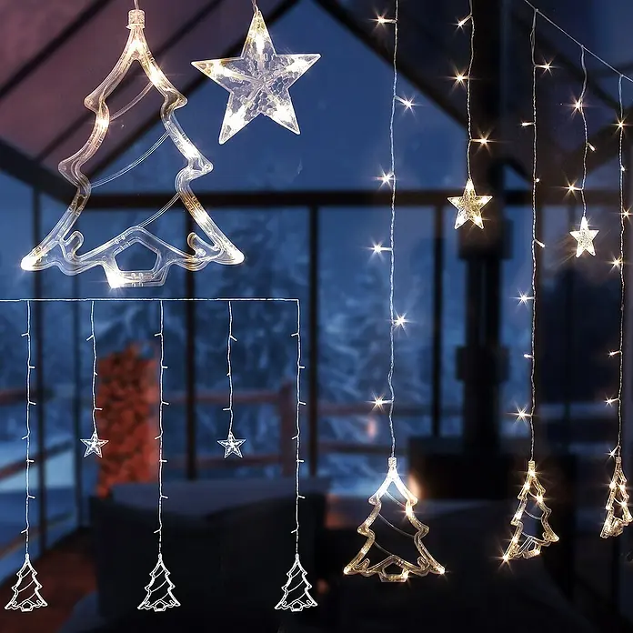 ECD Germany LED-Weihnachtsdekofigur LED Fenster Lichtervorhang Weihnachtsbäume und Sterne - 420 x 4 x 110 cm, Transparent, Netzbetrieben, LED - Festliche Fensterdeko: LED-Lichterkette mit Stern- und Tannenbaum-Motiven, warmweißes Licht für eine gemütliche Weihnachtsstimmung.