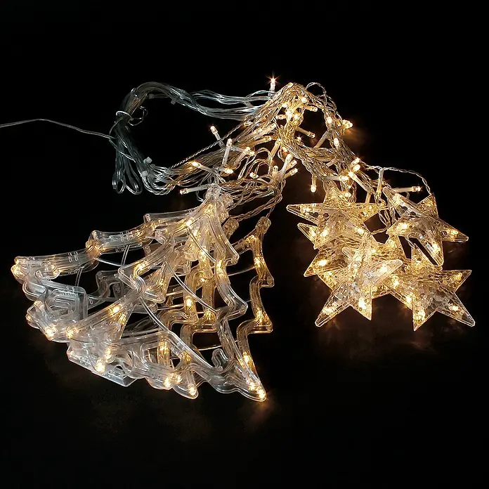 ECD Germany LED-Weihnachtsdekofigur LED Fenster Lichtervorhang Weihnachtsbäume und Sterne - 420 x 4 x 110 cm, Transparent, Netzbetrieben, LED - Lichterkette mit warmweißen LED-Weihnachtsbaum- und Sternmotiven für festliche Beleuchtung.