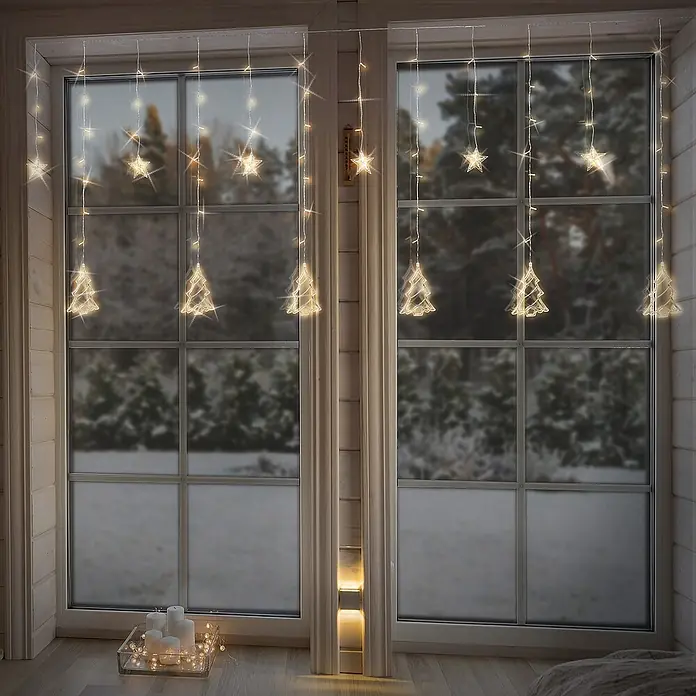 ECD Germany LED-Weihnachtsdekofigur LED Fenster Lichtervorhang Weihnachtsbäume und Sterne - 420 x 4 x 110 cm, Transparent, Netzbetrieben, LED - Dekorative Fensterbeleuchtung mit LED-Lichterketten in Form von Sternen und Weihnachtsbäumen, die eine warme und festliche Atmosphäre schaffen.