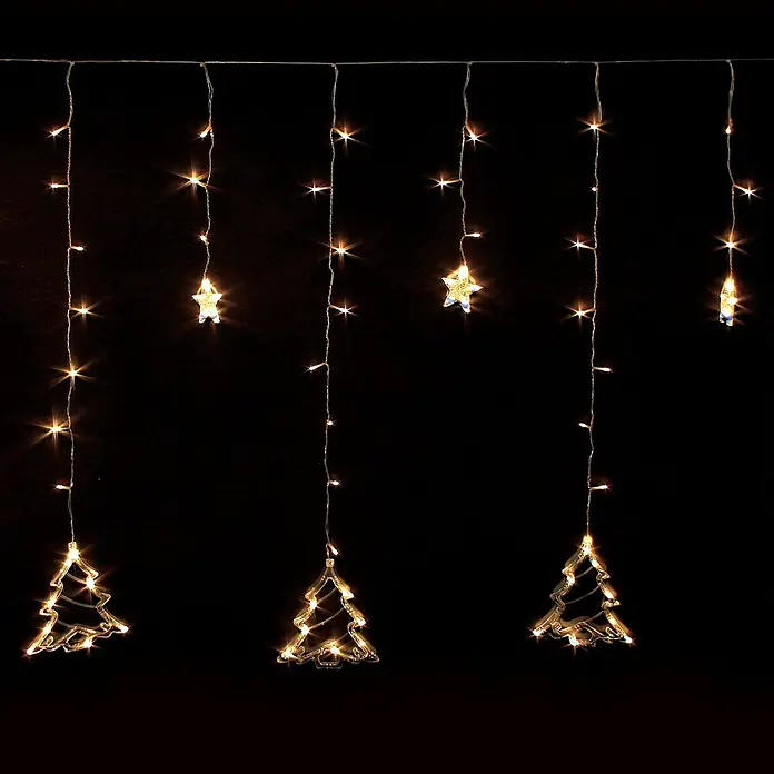 ECD Germany LED-Weihnachtsdekofigur LED Fenster Lichtervorhang Weihnachtsbäume und Sterne - 420 x 4 x 110 cm, Transparent, Netzbetrieben, LED - Lichterkette mit abwechselnden Formen von Weihnachtsbäumen und Sternen. Für weihnachtliche Atmosphäre im Haus.