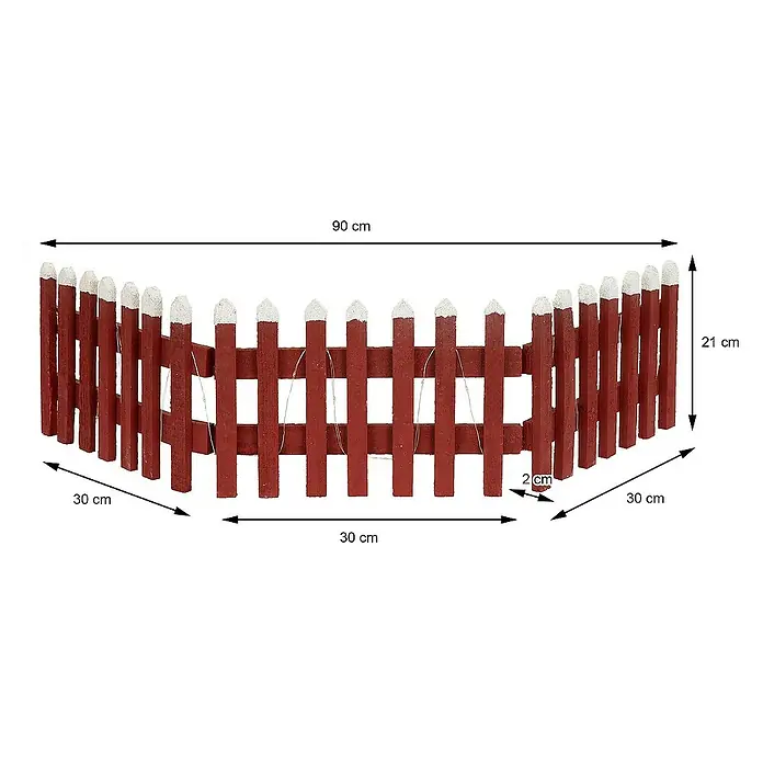 ECD Germany LED-Weihnachtsdekofigur Deko Holz Zaun Mini Gartenzaun Mini-Lattenzaun - Rot, Akkubetrieben, LED - Produktfoto eines dekorativen, rotbraunen Miniatur-Gartenzauns mit weißen Spitzen und Maßangaben.