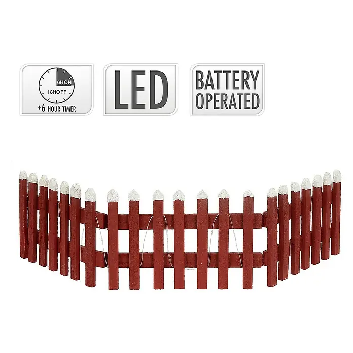 ECD Germany LED-Weihnachtsdekofigur Deko Holz Zaun Mini Gartenzaun Mini-Lattenzaun - Rot, Akkubetrieben, LED - Das Bild zeigt einen dekorativen Miniatur-Holzzaun mit LED-Beleuchtung, der batteriebetrieben ist und über einen 6-Stunden-Timer verfügt.