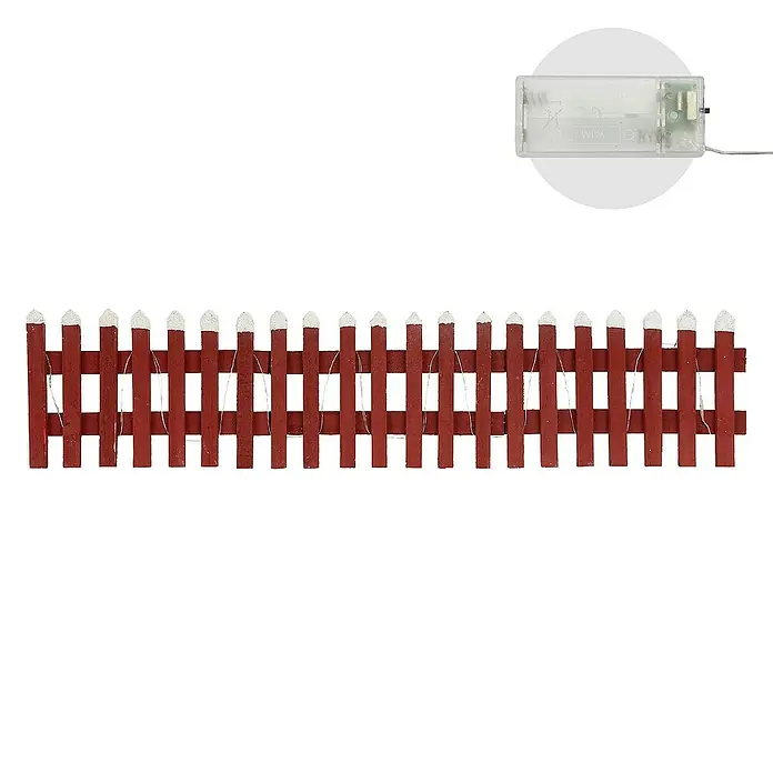 ECD Germany LED-Weihnachtsdekofigur Deko Holz Zaun Mini Gartenzaun Mini-Lattenzaun - Rot, Akkubetrieben, LED - Dieses Bild zeigt einen roten Miniaturzaun mit kleinen Lichtern, ideal für eine Miniaturweihnachtsszene oder eine kleine Winterdekoration.
