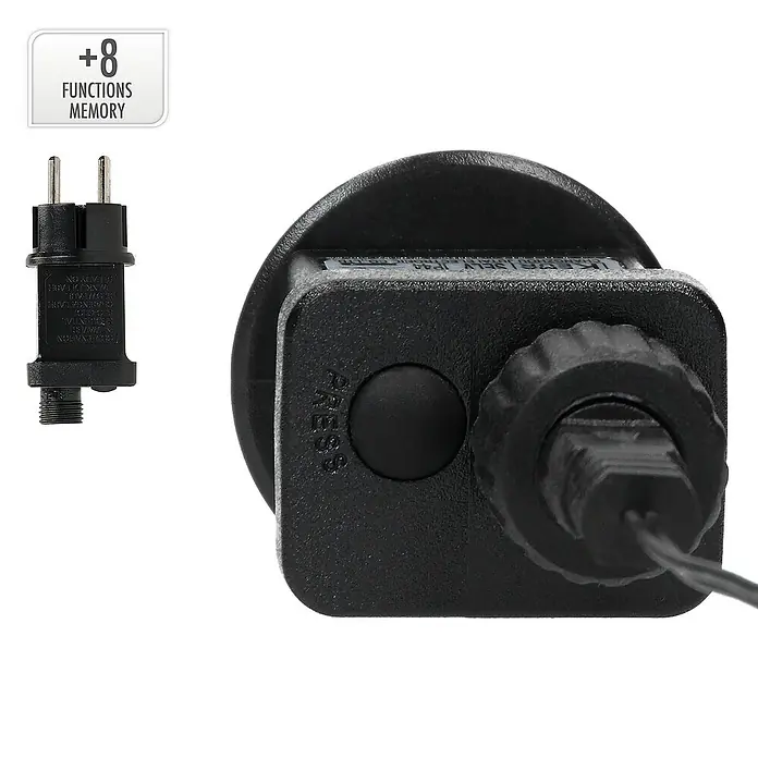 ECD Germany LED-Weihnachtsdekofigur Warmweiß - 38 x 5,5 x 38 cm, Schwarz, Netzbetrieben, LED - Nahaufnahme eines schwarzen Transformators für Lichterketten mit Stecker und Knopf zur Funktionsauswahl.