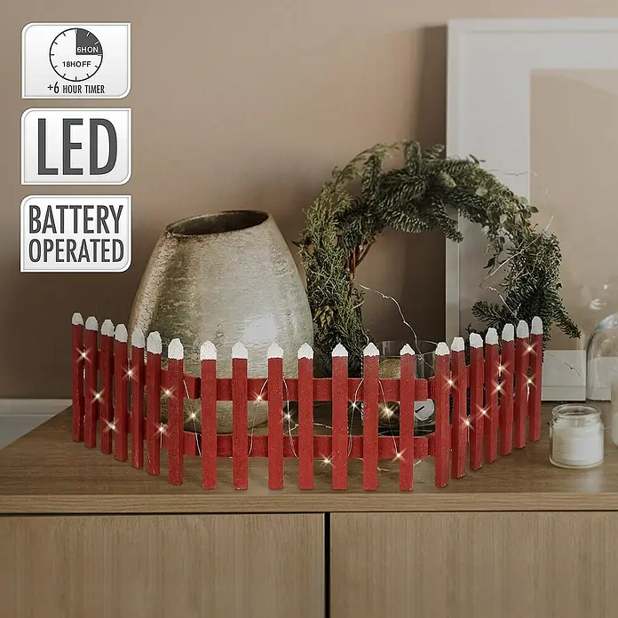 ECD Germany LED-Weihnachtsdekofigur Deko Holz Zaun Mini Gartenzaun Mini-Lattenzaun - Rot, Akkubetrieben, LED - Roter, batteriebetriebener LED-Zaun mit Timer-Funktion, der ein gemütliches Ambiente schafft. Ideal für Dekorationen im Innenbereich.