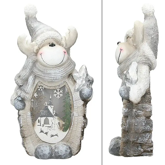 ECD Germany LED-Weihnachtsdekofigur 3D Deko Aufsteller Ornament Weihnacht Dekofigur - 28 x 14 x 51 cm, Weiß, Grau, Akkubetrieben, LED - Weihnachtliche Elchfigur mit Winterdorf-Szene im Bauch. Dekorative Elch-Leuchtfigur für die festliche Jahreszeit.