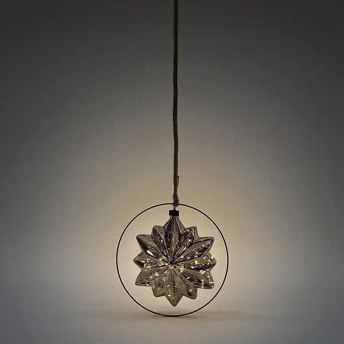ECD Germany LED-Weihnachtsdekofigur Kugelleuchte Weihnachtkugel LED Dekokugel Pendelleuchte Lichterkugel - 25 x 2 x 105 cm, Grau, Akkubetrieben, LED - Dekorative Stern-Hängeleuchte mit warmem Licht im Metallkreis, aufgehängt an einer Kordel, für stimmungsvolle Beleuchtung.