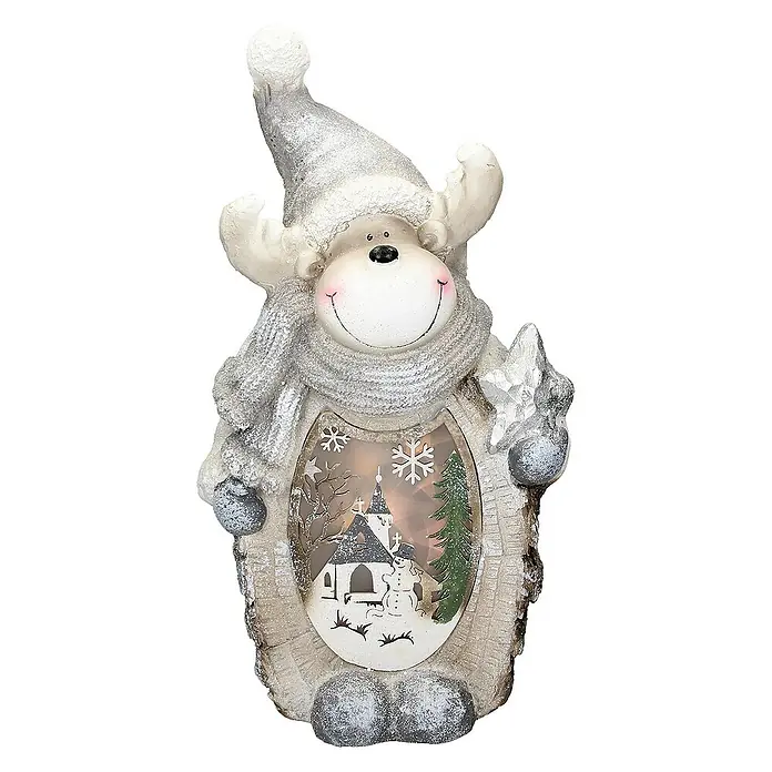 ECD Germany LED-Weihnachtsdekofigur 3D Deko Aufsteller Ornament Weihnacht Dekofigur - 28 x 14 x 51 cm, Weiß, Grau, Akkubetrieben, LED - Ein festlicher Elch mit LED-Beleuchtung und Winterlandschaft, ideal als Dekoration für die Weihnachtszeit.