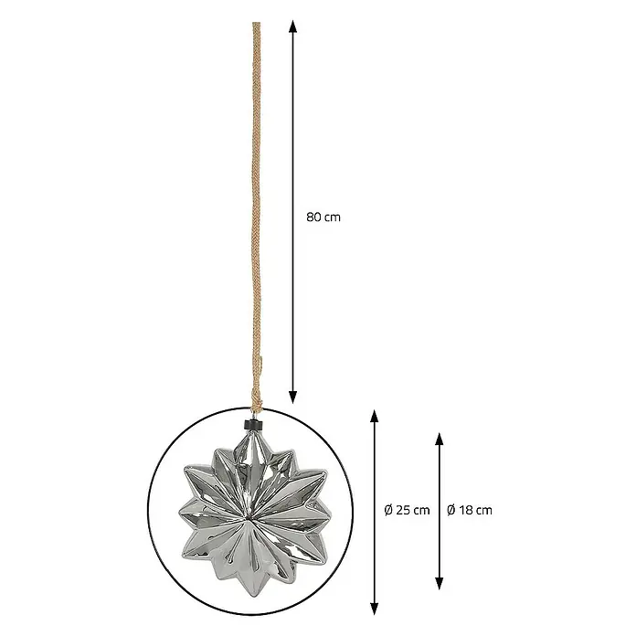 ECD Germany LED-Weihnachtsdekofigur Kugelleuchte Weihnachtkugel LED Dekokugel Pendelleuchte Lichterkugel - 25 x 2 x 105 cm, Grau, Akkubetrieben, LED - Dekorativer silberner Stern-Anhänger mit einer Länge von 80cm, Durchmesser des Rings 25cm, des Sterns 18cm.