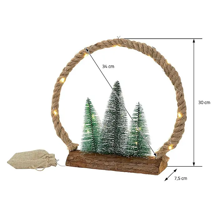 ECD Germany LED-Weihnachtsdekofigur Dekobaum beleuchtete Winterlandschaft Tannenbaum Deko Holzbaum - 34 x 7,5 x 30 cm, Braun, Grün, Akkubetrieben, LED - Dekorative Tannenbaum-Szene in einem Seilkreis mit LED-Lichtern, ideal als stimmungsvolle Weihnachtsdekoration.