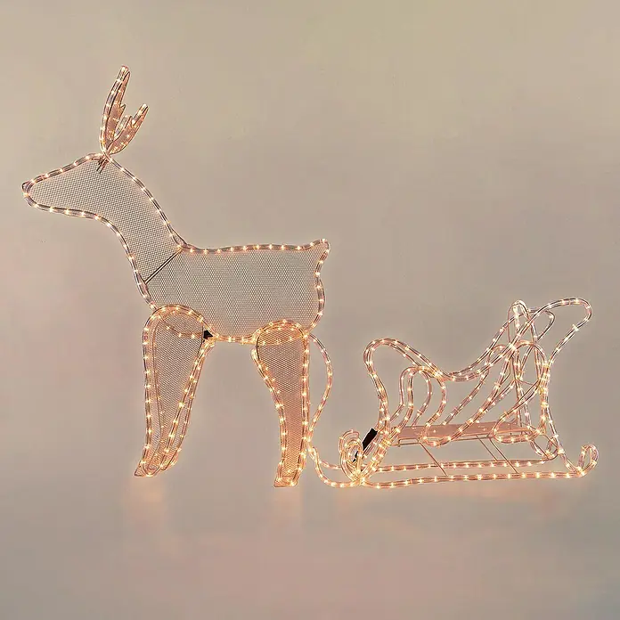 ECD Germany LED-Weihnachtsdekofigur Lichterschlauch LED Beleuchtung Gartenleuchte Weihnachtshirsch Rentier - 273 x 28 x 77 cm, Transparent, Netzbetrieben, LED - Leuchtendes Rentier mit Schlitten als festliche Dekoration. Die warmweißen Lichterketten umrahmen die filigrane Metallstruktur.