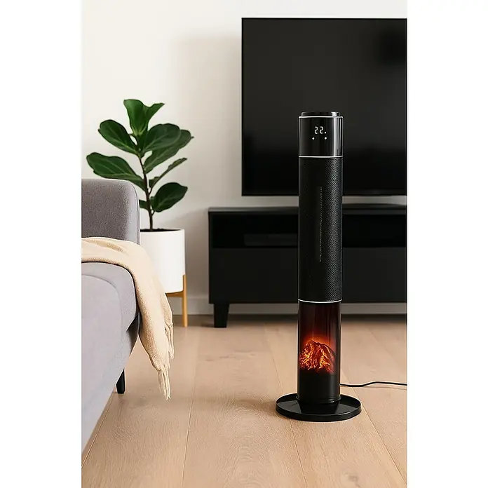 Voltomat HEATING Estufa de pie Flama - Negro, 2.000 W, Ø x Al: 30 x 84 cm - Elegante habitación que muestra un calentador de torre con efecto de chimenea simulado, junto a un sofá gris y una higuera de hoja de violín.