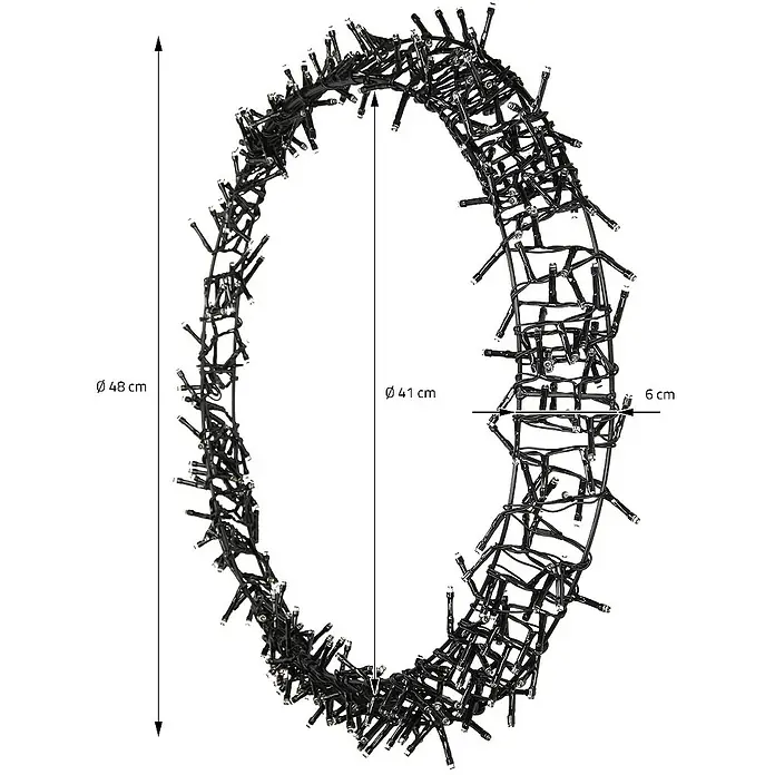 ECD Germany LED-Weihnachtsdekofigur Wandkranz Hängekranz Weihnachts Kranz Lichterkranz Dekorationskranz - 48 x 6 x 48 cm, Schwarz, Netzbetrieben, LED - Das Bild zeigt einen beleuchteten Dekokranz mit den Maßen 48 cm Höhe, 41 cm Innendurchmesser und 6 cm Breite.