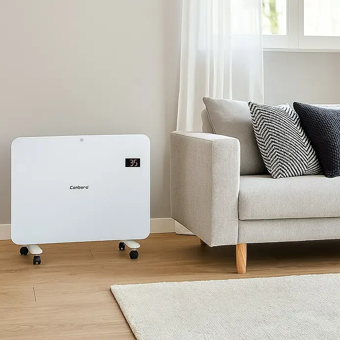 Corberó Convector Turbo - 1.500 W, 27,2 x 66,6 x 53,3 cm, Blanco - Radiador de convección Canberra blanco y portátil, con pantalla digital y ruedas. Proporciona calor agradable en la habitación.