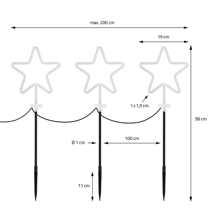 ECD Germany LED-Weihnachtsdekofigur 3er Set Gartenstecker Stern Deko Beleuchtung für Außen Stableuchten - 500 x 1,8 x 58 cm, Weiß, Netzbetrieben, LED - Eine schematische Darstellung einer Lichterkette mit drei Sternen und Maßangaben für Design und Größe des Produkts.