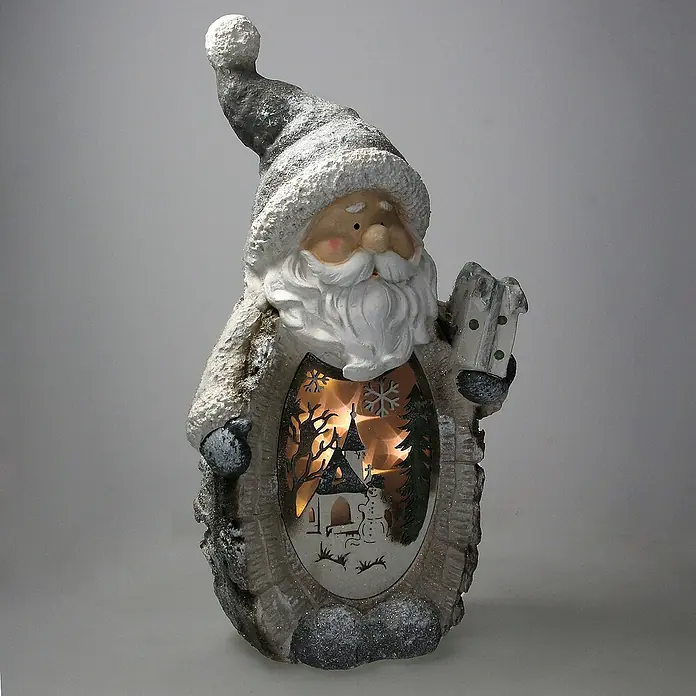 ECD Germany LED-Weihnachtsdekofigur 3D Deko Aufsteller Ornament Weihnacht Dekofigur - 27 x 14 x 52 cm, Weiß, Grau, Akkubetrieben, LED - Eine festliche Santa-Figur mit einem beleuchteten Winterdorf-Ausschnitt, ideal als weihnachtliche Dekoration.