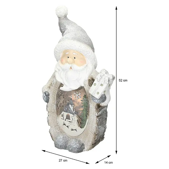 ECD Germany LED-Weihnachtsdekofigur 3D Deko Aufsteller Ornament Weihnacht Dekofigur - 27 x 14 x 52 cm, Weiß, Grau, Akkubetrieben, LED - Dekorative Santa Figur mit einer Winterlandschaft im Inneren und einer Geschenkbox in der Hand.