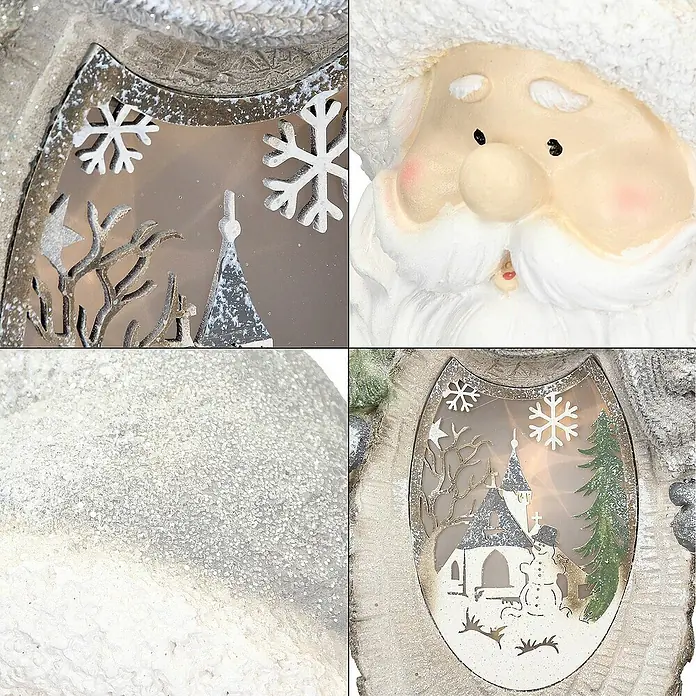 ECD Germany LED-Weihnachtsdekofigur 3D Deko Aufsteller Ornament Weihnacht Dekofigur - 27 x 14 x 52 cm, Weiß, Grau, Akkubetrieben, LED - Nahaufnahme eines weihnachtlichen Dekorationsobjekts, das einen Weihnachtsmann und eine Winterlandschaft zeigt.