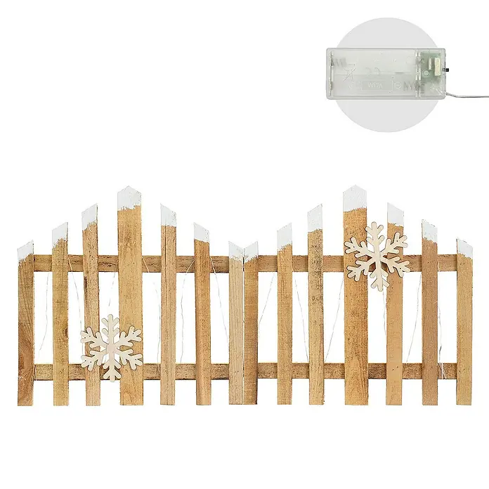 ECD Germany LED-Weihnachtsdekofigur Deko Holz Zaun Mini Gartenzaun Mini-Lattenzaun mit LED Winter Gatter - 2 x 77 x 38 cm, Braun, Akkubetrieben, LED - Ein dekorativer Holzzaun mit Schneeflocken und Lichtern, ideal für winterliche Dekorationen im Innenbereich.